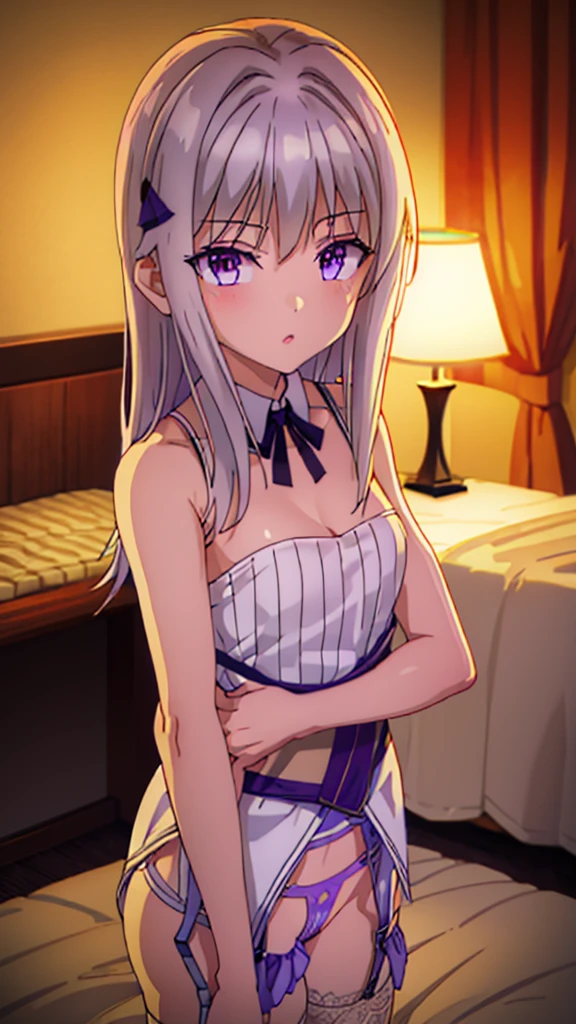 full body,(garter belt:1.4), (In front of the bed:1.5), (Purple underwear:1.3), highest quality, 4K, High resolution, masterpiece:1.2, Super detailed, HDR, Studio Lighting, Sharp Focus, Bright colors, Portrait, Bokeh, Warm tones, Soft Lighting