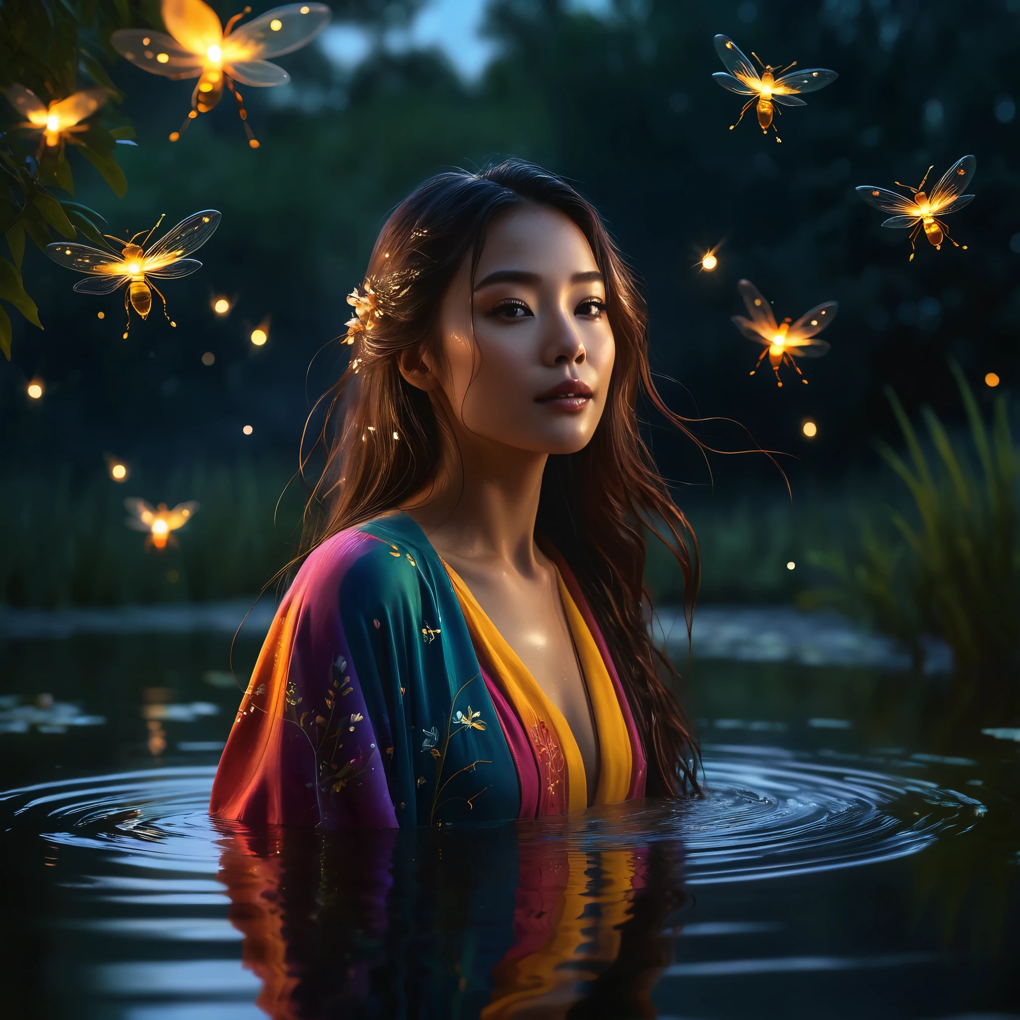 Beautiful woman in colorful robe, bathing in peaceful pond with fireflies surrounding her, night moonlight, (best quality, 4k, 8k, highres, masterpiece:1.2), highly detailed, (realistic, photorealistic, photorealistic:1. 37), vivid colors, dramatic lighting, fantasy art, intricate details, atmospheric, mystical, moody, dark fantasy, dramatic pose, detailed facial features, long flowing hair, graceful movements, swirling wind effects, fireflies in flight, reflection in water, warm color palette, glowing skin, dramatic chiaroscuro, conceptual, surrealistic