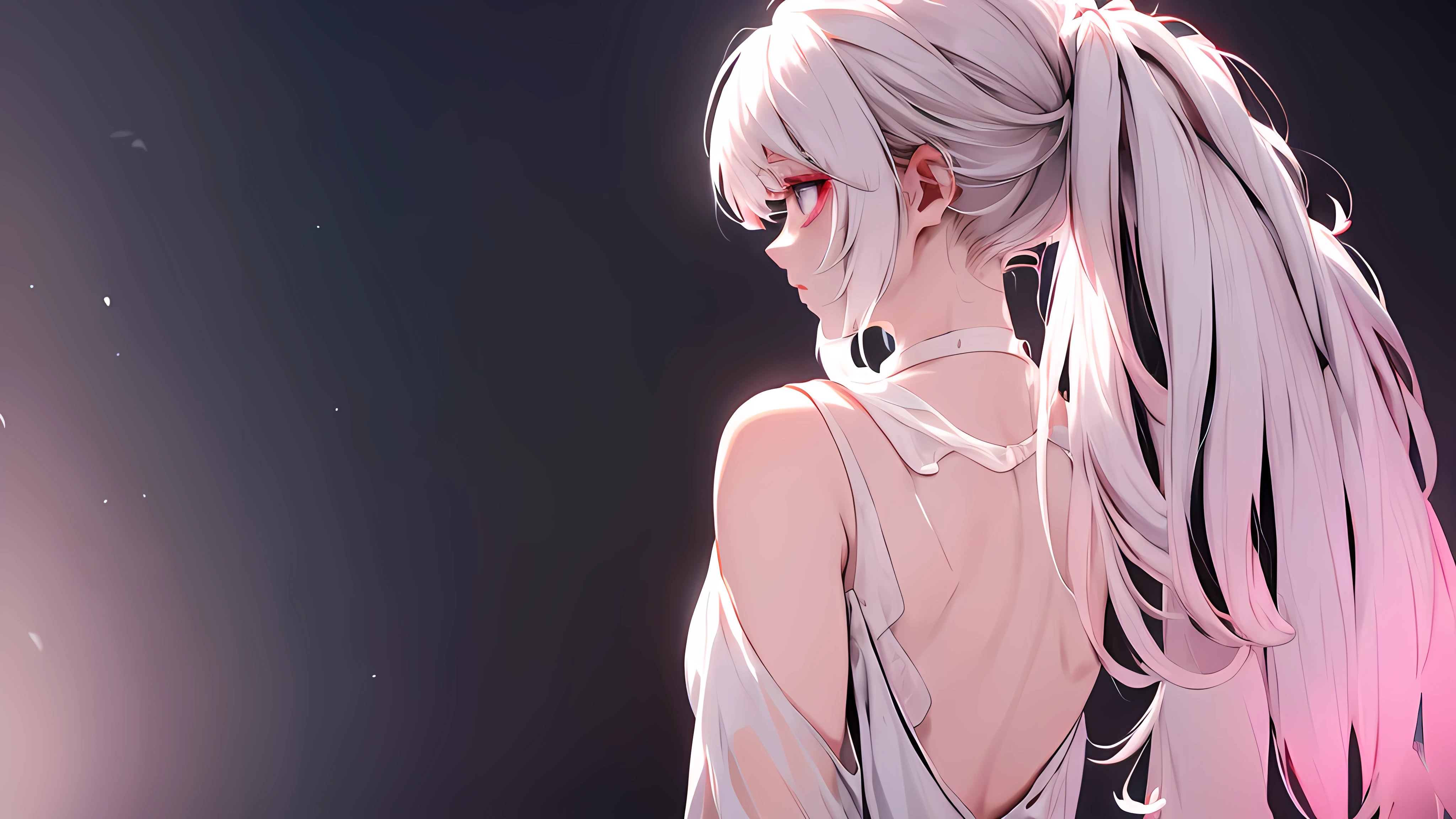 1 girl, medium light white hair, light pink eyes, wearing black suit, city, absurdres, high res, ultrasharp, 8K, masterpiece, looking from behind