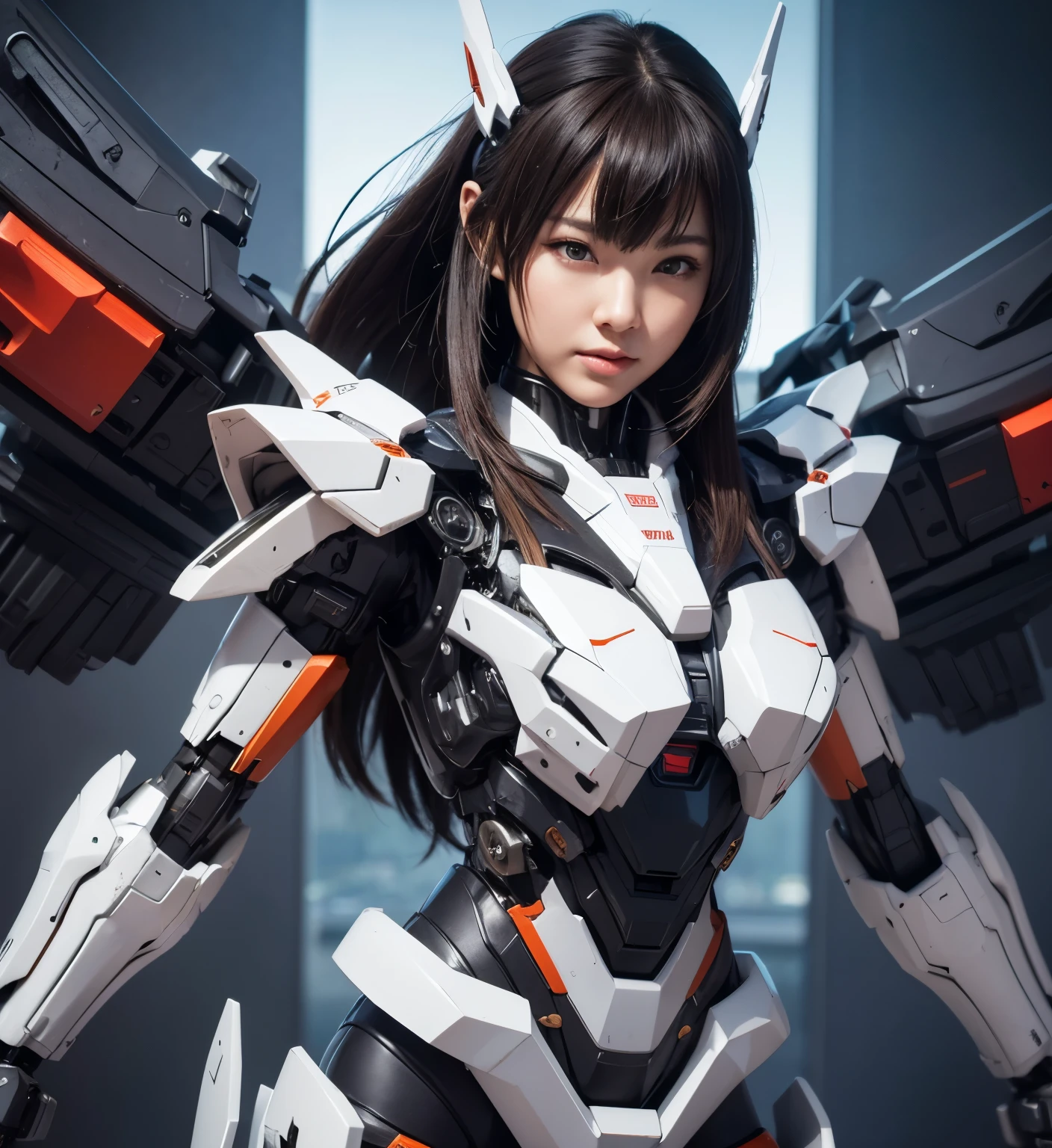 Textured skin, Super Detail, high details, High quality, Best Quality, hight resolution, 1080p, hard disk, Beautiful,(Super Heroine),Oppai Missile,beautiful cyborg woman,Mecha Cyborg Girl,Battle Mode,Girl with a Mecha Body,She wears a battle cyborg mech with a weapon,Fulll body Shot