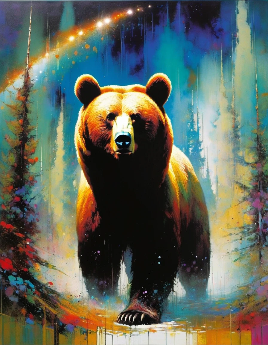 (masterpiece:1.2), (best quality:1.2), (very aesthetic:1.2), (absurdres:1.2), newest, intricate, (oversized animal, bear:1.3), scenery (art inspired by Bill Sienkiewicz,). oil painting)