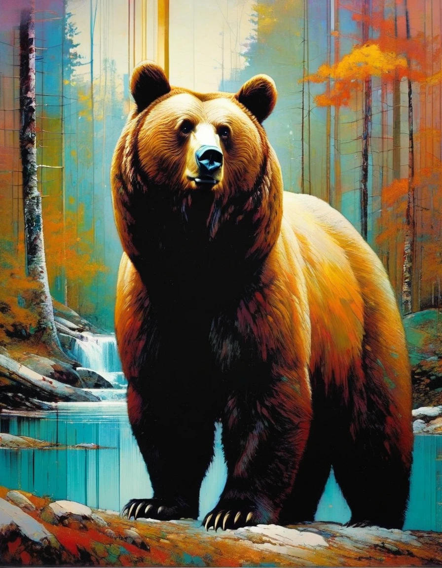 (masterpiece:1.2), (best quality:1.2), (very aesthetic:1.2), (absurdres:1.2), newest, intricate, (oversized animal, bear:1.3), scenery (art inspired by Bill Sienkiewicz,). oil painting)