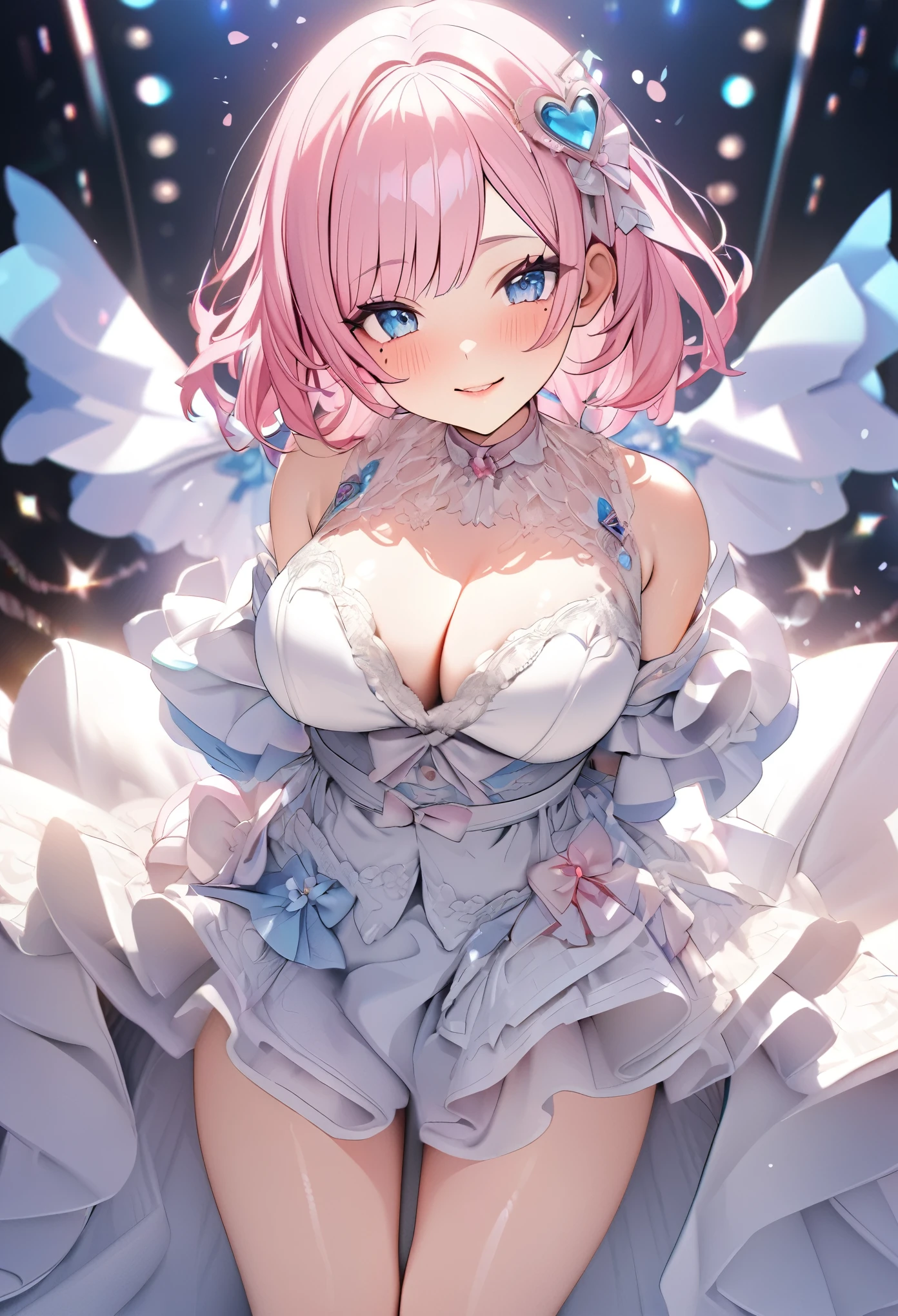 One Girl、Staring at the audience、
Beautiful Blue Eyes、Short pink hair、Mole under the eye、Plump and glossy lips、Heart-shaped choker、Idol、smile、ー、。。。。。。。。。。。。。。。。。。。。。。。。。。。。。。。。3D、Real、
Princess dress with too many frills、Short skirt、Draped clothes、gem、The decoration has been removed、Floral、Lace trim、Bright Stage、
masterpiece、highest quality、8k、Detailed skin texture、Detailed cloth texture、Beautifully detailed face、Intricate details、Very detailed、
Ultra-high resolution、8K Ultra HD、Film Grain、Best Shadow、delicate、Staring at the audience、front