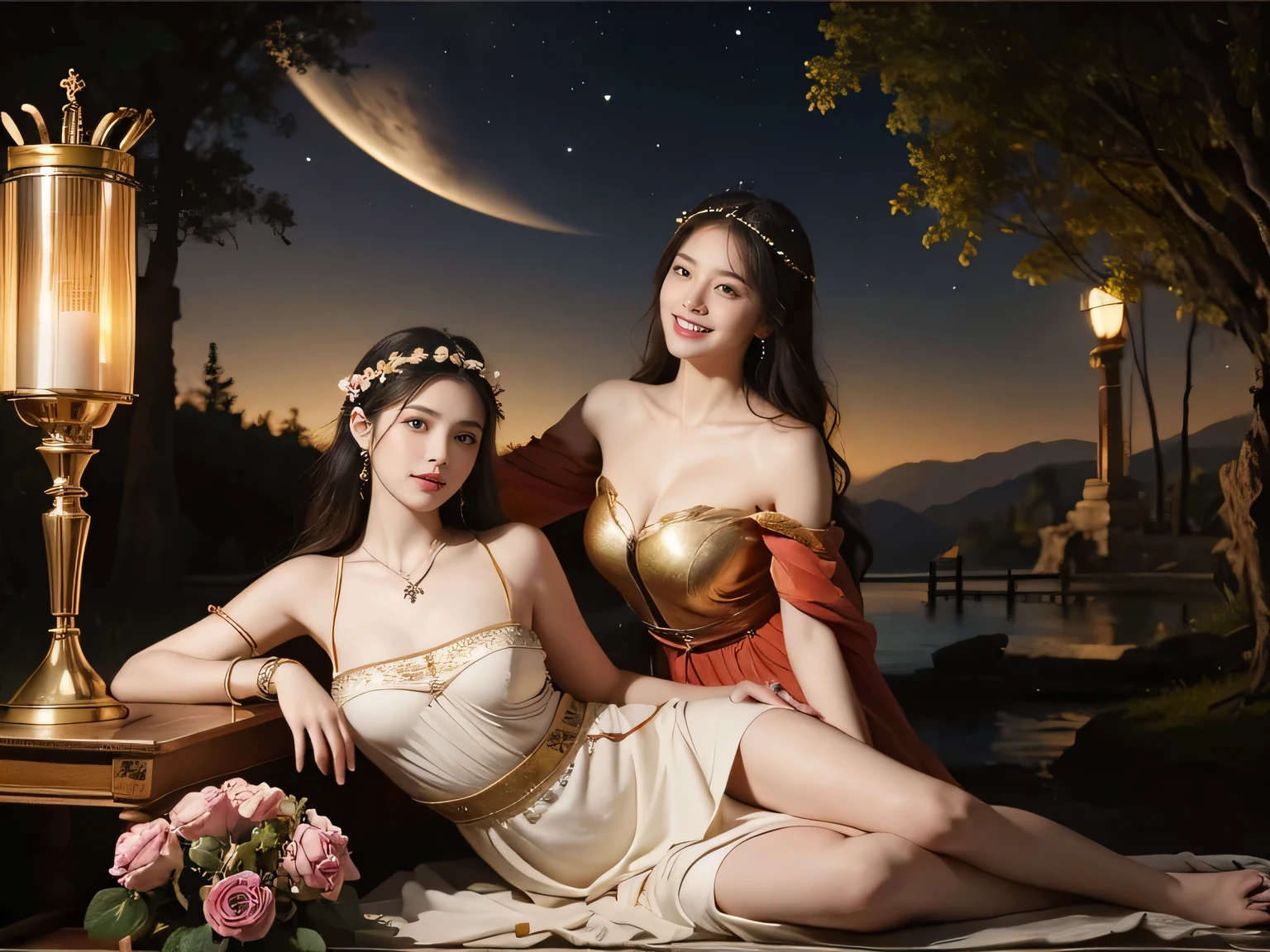 Giorgione painting style,Arguments of two female Philosophe,math、astronomical machine、astronaut、roses in vase、fruits、Cute trinkets、smile、ancient greek costume、Background is a forest lake at night 、Clothes that stretch your shoulders、A big smile、beautiful bare skin、A detailed representation of the seducing woman throughout her body.