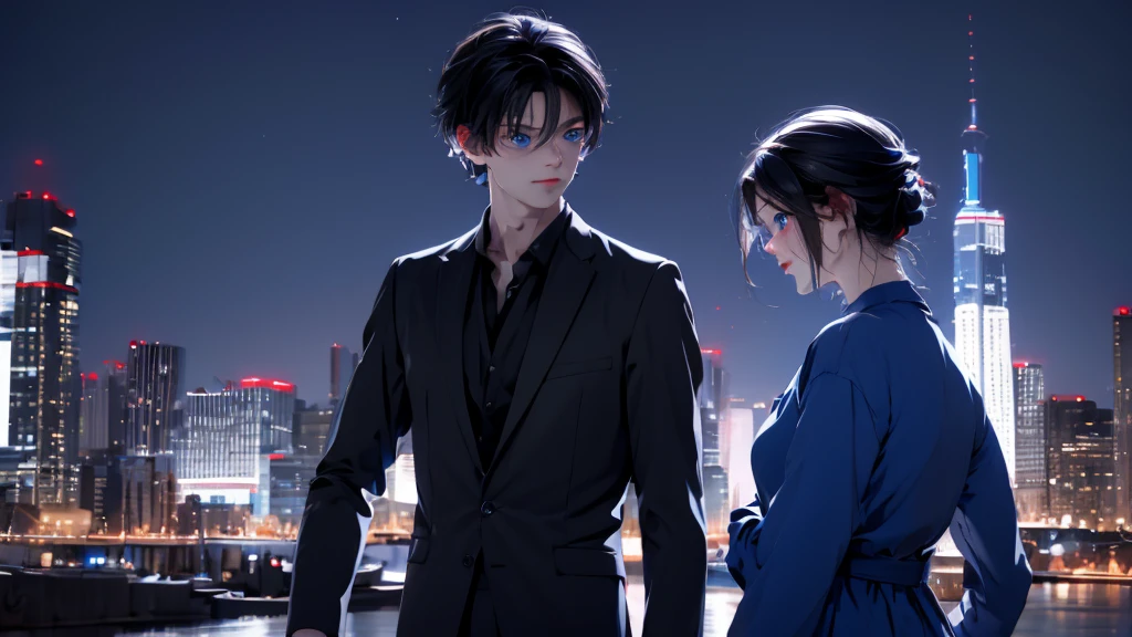 1 Boy&Girl , Boy medium light black hair, Girl medium light Blue hair, light blue eyes, wearing black suit, night city, 18+ , high res, ultrasharp, 8K, masterpiece, looking from behind