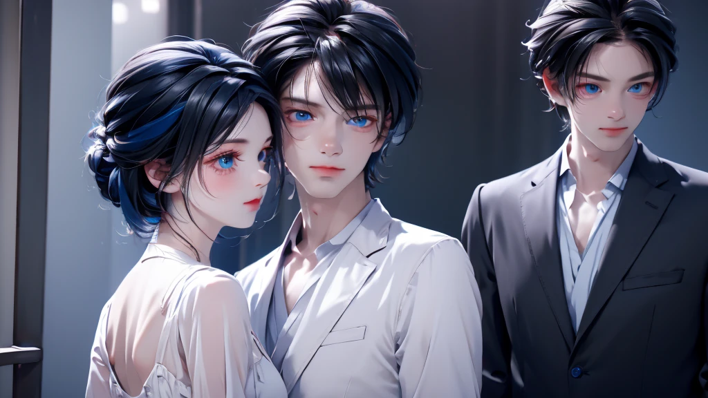 1 Boy&Girl , Boy medium light black hair, Girl medium light Blue hair, light blue eyes, wearing black suit, night city, 18+ , high res, ultrasharp, 8K, masterpiece, looking from behind