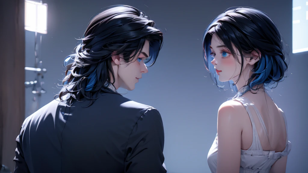 1 Boy&Girl , Boy medium light black hair, Girl medium light Blue hair, light blue eyes, wearing black suit, night city, 18+ , high res, ultrasharp, 8K, masterpiece, looking from behind