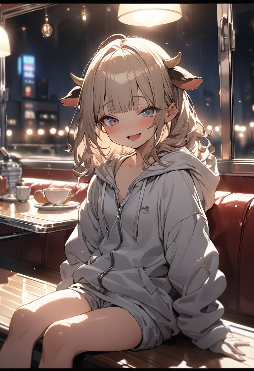 ((Masterpiece)), ((best quality)), (Anime:1.4), (super detail:1.2), (High Definition:1.3), (Professional Photography:1.3), (wide shot), (sharp focus), (perfect light), ((12 years old)), 1girl, ((wearing border-patterned oversized hoodie)), fluffy shorts, cinematic lighting, Textured skin, messy hair, (loose blunt bangs), teenage girl, (Healthy slim body), small breasts, cute eyes, ((naughty face)), (open mouth), (put on cow ears), pale brown hair, Cute Beautiful girl, Thin accessories, ((slightly undressing hoodie)), (Unzipping hoodie), exposed bare neck, unzip hoodie and takes it off, Sitting by the diner window, indoor, (on the diner),