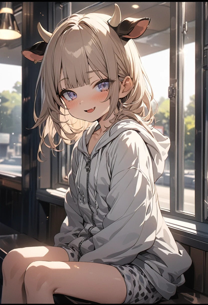 ((Masterpiece)), ((best quality)), (Anime:1.4), (super detail:1.2), (High Definition:1.3), (Professional Photography:1.3), (wide shot), (sharp focus), (perfect light), ((12 years old)), 1girl, ((wearing border-patterned oversized hoodie)), fluffy shorts, cinematic lighting, Textured skin, messy hair, (loose blunt bangs), teenage girl, (Healthy slim body), small breasts, cute eyes, ((naughty face)), (open mouth), (put on cow ears), pale brown hair, Cute Beautiful girl, Thin accessories, ((slightly undressing hoodie)), (Unzipping hoodie), exposed bare neck, unzip hoodie and takes it off, Sitting by the diner window, indoor, (on the diner),