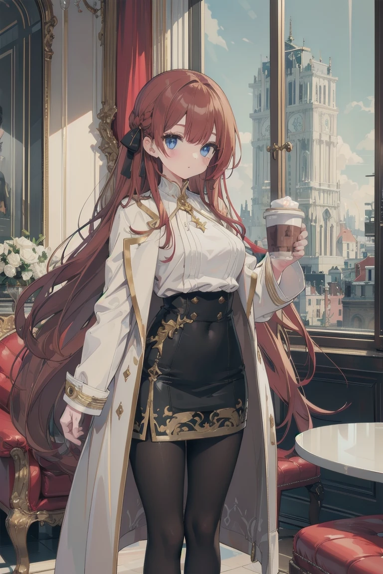 girl, White blouse, mini skirt, Black Pantyhose, white overcoat, Are standing, Coffee cup in hand, Glamorous clothing, Complex clothing, Very long hair, A familiar face, Brown and gold tones, In a luxurious room, window, tall building, Day、Red Hair