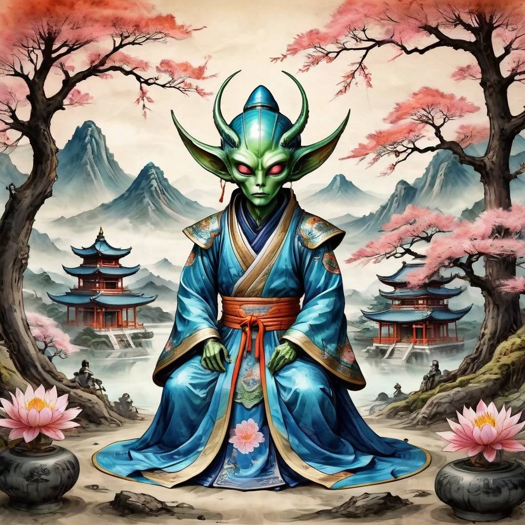 Alien dressed a Ming Dynasty style, painted in traditional Japanese style, spring meditation, in Japanese wonderland, Stylized watercolor, highly detailed graphic, complex illustration, complex, complex contrast, HDR, sharp, soft cinematic volumetric lighting, vivid colours
