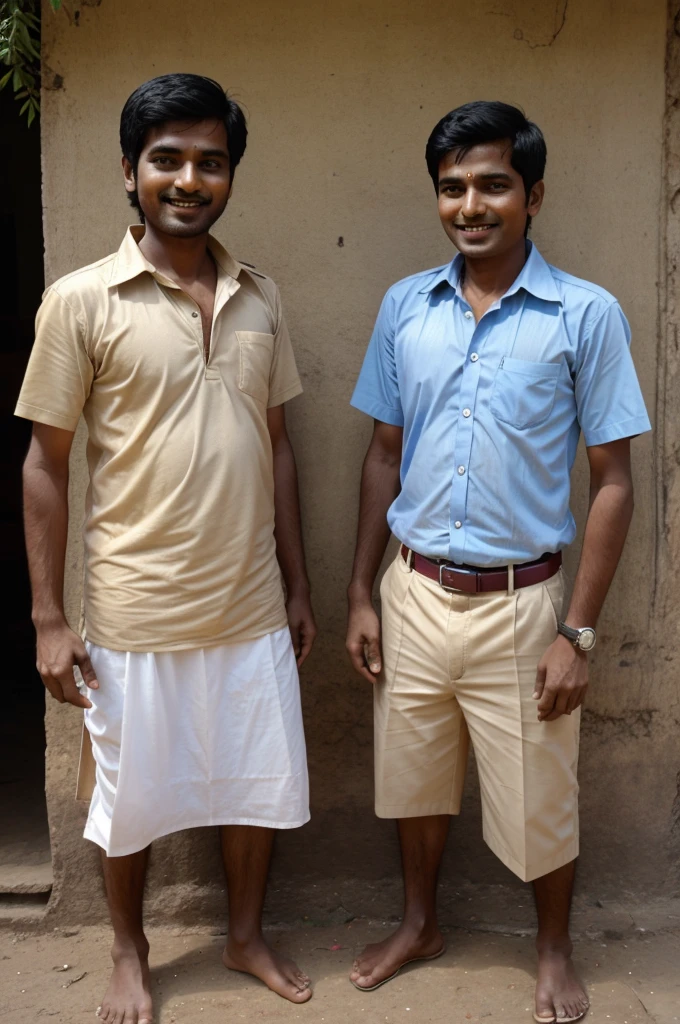 Two friends, Mohan and Sohan, standing together. Mohan is smiling mischievously, holding a 10-rupee note in his hand."
