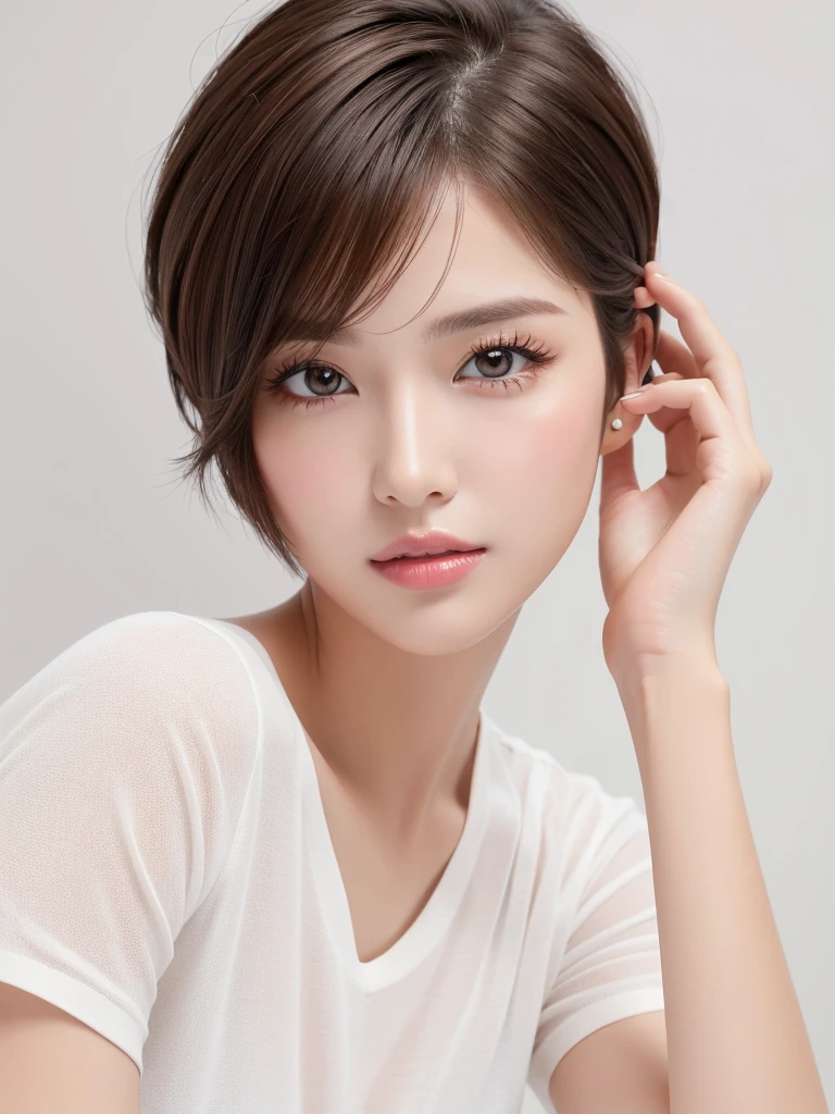 (highest quality、Tabletop、8k、Best image quality、Award-winning works)、((profile))、ear、((short hair:1.46)),(Brown Hair)、(White casual shirt:1.2)、(The simplest pure white background:1.3)、(Perfectly fixed in front:1.1),(Portrait with space:1.2)、Beautiful and detailed、Perfect Makeup、Ultra-high definition beauty face、Ultra HD Hair、Ultra-high definition sparkling eyes、Ultra-high quality glossy lips、Accurate anatomy、Very beautiful skin、(Pure white skin shining in ultra-high resolution:1.1)、(Very bright:1.2),Big Natural Color Lip、Lip gloss,Harajuku、cute、cute美人