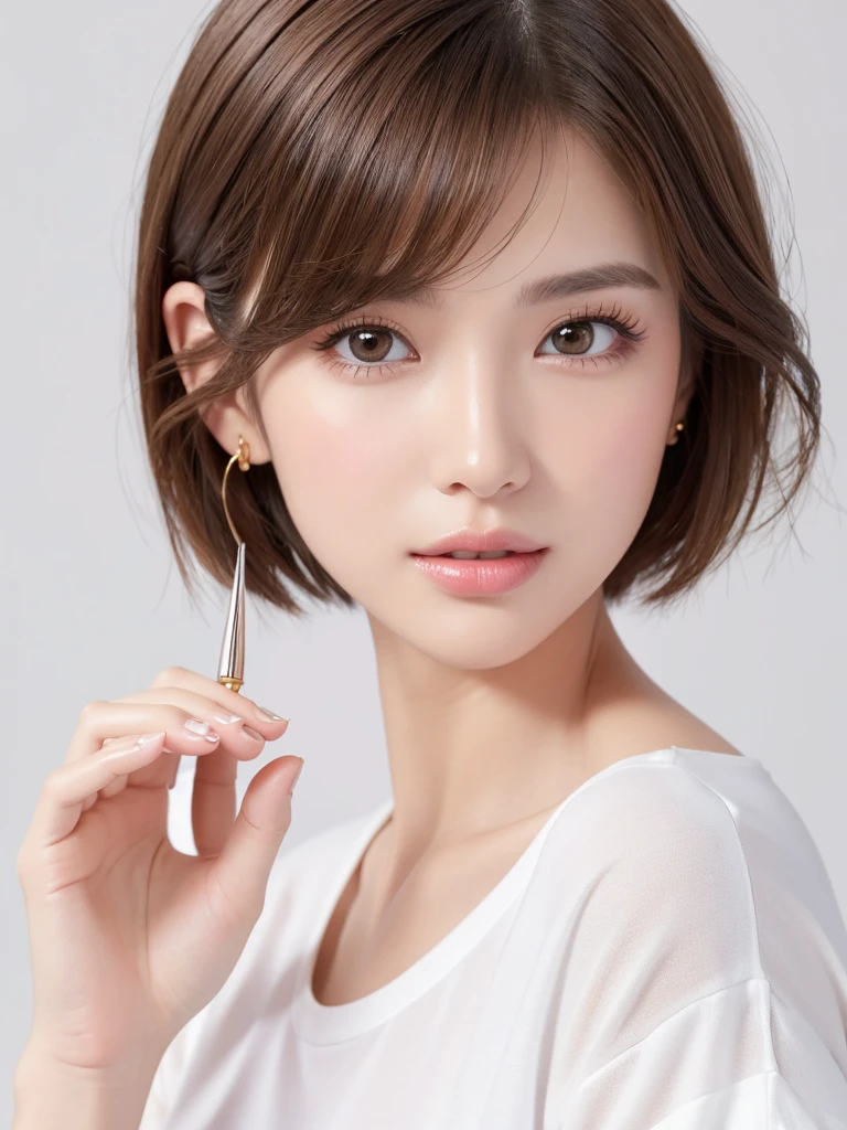 (highest quality、Tabletop、8k、Best image quality、Award-winning works)、((profile))、ear、((short hair:1.46)),(Brown Hair)、(White casual shirt:1.2)、(The simplest pure white background:1.3)、(Perfectly fixed in front:1.1),(Portrait with space:1.2)、Beautiful and detailed、Perfect Makeup、Ultra-high definition beauty face、Ultra HD Hair、Ultra-high definition sparkling eyes、Ultra-high quality glossy lips、Accurate anatomy、Very beautiful skin、(Pure white skin shining in ultra-high resolution:1.1)、(Very bright:1.2),Big Natural Color Lip、Lip gloss,Harajuku、cute、cute美人