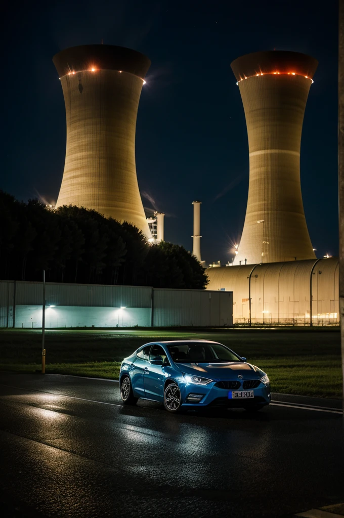 A car parking in front of a nuclear reactor. Night shot.