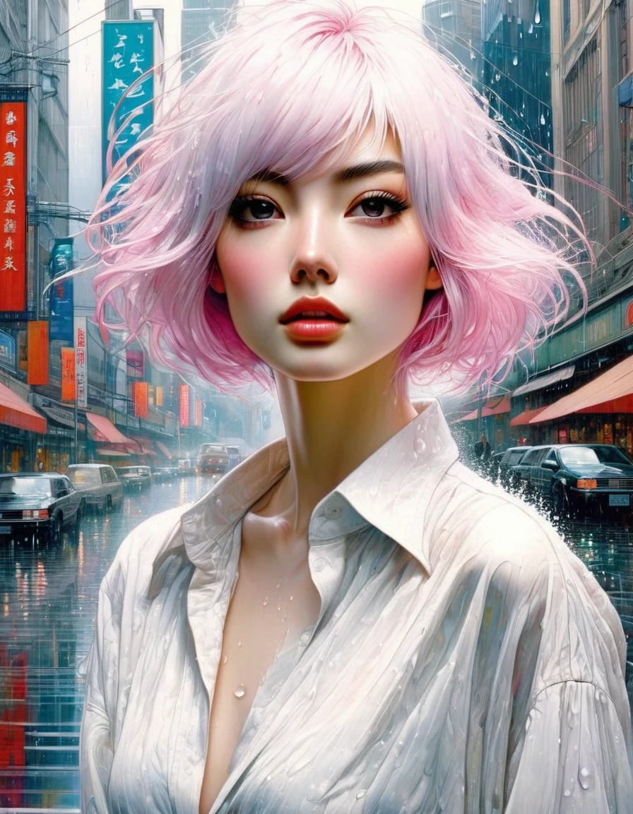 (masterpiece:1.2), best quality, high resolution, unity 8k wallpaper, illustration, extremely detailed eyes, extremely detailed face, extremely detailed CG, (1girl, solo:1.5), {{perfect ???????}}, (panorama:0.5), ((view from top)), looking up, rain, heavy rain, white shirt, crop top, mini skirt, ((wet clothes)), ((wet hair)), shopping district, gahata meiji, White, fades to pink hair, medium length hair, Pink, long white eyelashes,  (art inspired by Bill Sienkiewicz,). oil painting)
