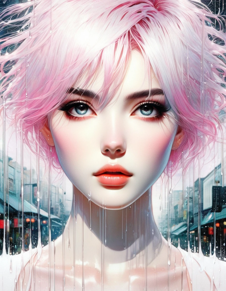 (masterpiece:1.2), best quality, high resolution, unity 8k wallpaper, illustration, extremely detailed eyes, extremely detailed face, extremely detailed CG, (1girl, solo:1.5), {{perfect anatomy}}, (panorama:0.5), ((view from top)), looking up, rain, heavy rain, white shirt, crop top, mini skirt, ((wet clothes)), ((wet hair)), shopping district, gahata meiji, White, fades to pink hair, medium length hair, Pink, long white eyelashes, (art inspired by Bill Sienkiewicz,). oil painting)