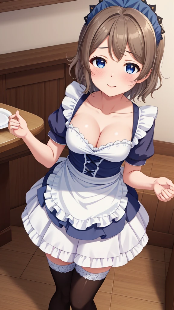 (Masterpiece), 8k wallpaper, solo, Watanabe you, game cg, beautiful detailed face and eyes, perfect anatomy, standing, (maid), short puffy sleeves, collarbone, cleavage, thigh highs, small maid apron