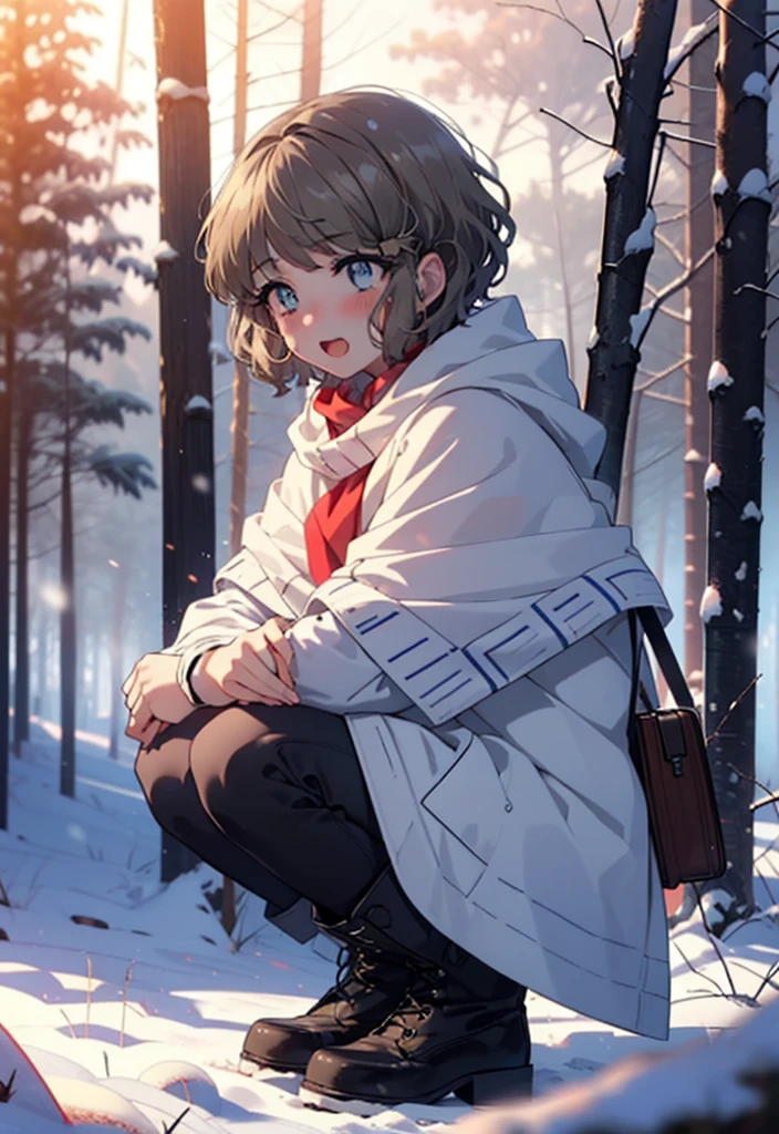tomoekoga, Chie Koga, short hair, Brown Hair, blue eyes, hair band,smile,blush,White Breath,Mid-chest,
Open your mouth,snow,Ground bonfire, Outdoor, boots, snowing, From the side, wood, suitcase, Cape, Blurred, having meal, forest, White handbag, nature, Squat, Mouth closed, Cape, winter, Written boundary depth, Black shoes, red Cape break looking at viewer, Upper Body, whole body, break Outdoor, forest, nature, break (masterpiece:1.2), highest quality, High resolution, unity 8k wallpaper, (shape:0.8), (Beautiful and beautiful eyes:1.6), Highly detailed face, Perfect lighting, Highly detailed CG, (Perfect hands, Perfect ???????),