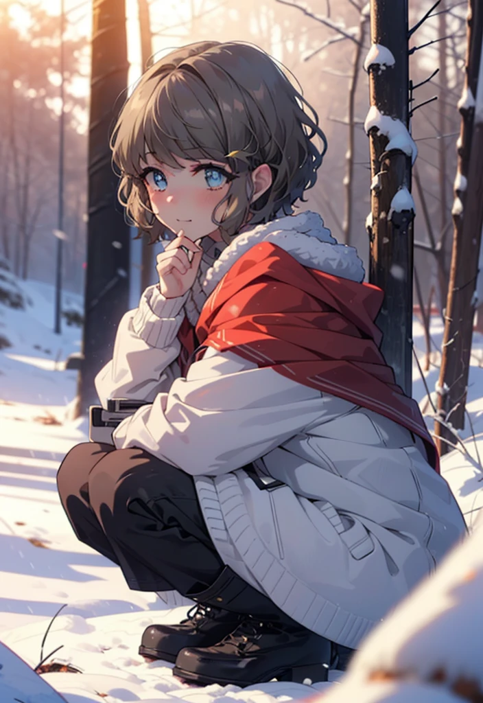 tomoekoga, Chie Koga, short hair, Brown Hair, blue eyes, hair band,smile,blush,White Breath,Mid-chest,
Open your mouth,snow,Ground bonfire, Outdoor, boots, snowing, From the side, wood, suitcase, Cape, Blurred, having meal, forest, White handbag, nature,  Squat, Mouth closed, Cape, winter, Written boundary depth, Black shoes, red Cape break looking at viewer, Upper Body, whole body, break Outdoor, forest, nature, break (masterpiece:1.2), highest quality, High resolution, unity 8k wallpaper, (shape:0.8), (Beautiful and beautiful eyes:1.6), Highly detailed face, Perfect lighting, Highly detailed CG, (Perfect hands, Perfect Anatomy),