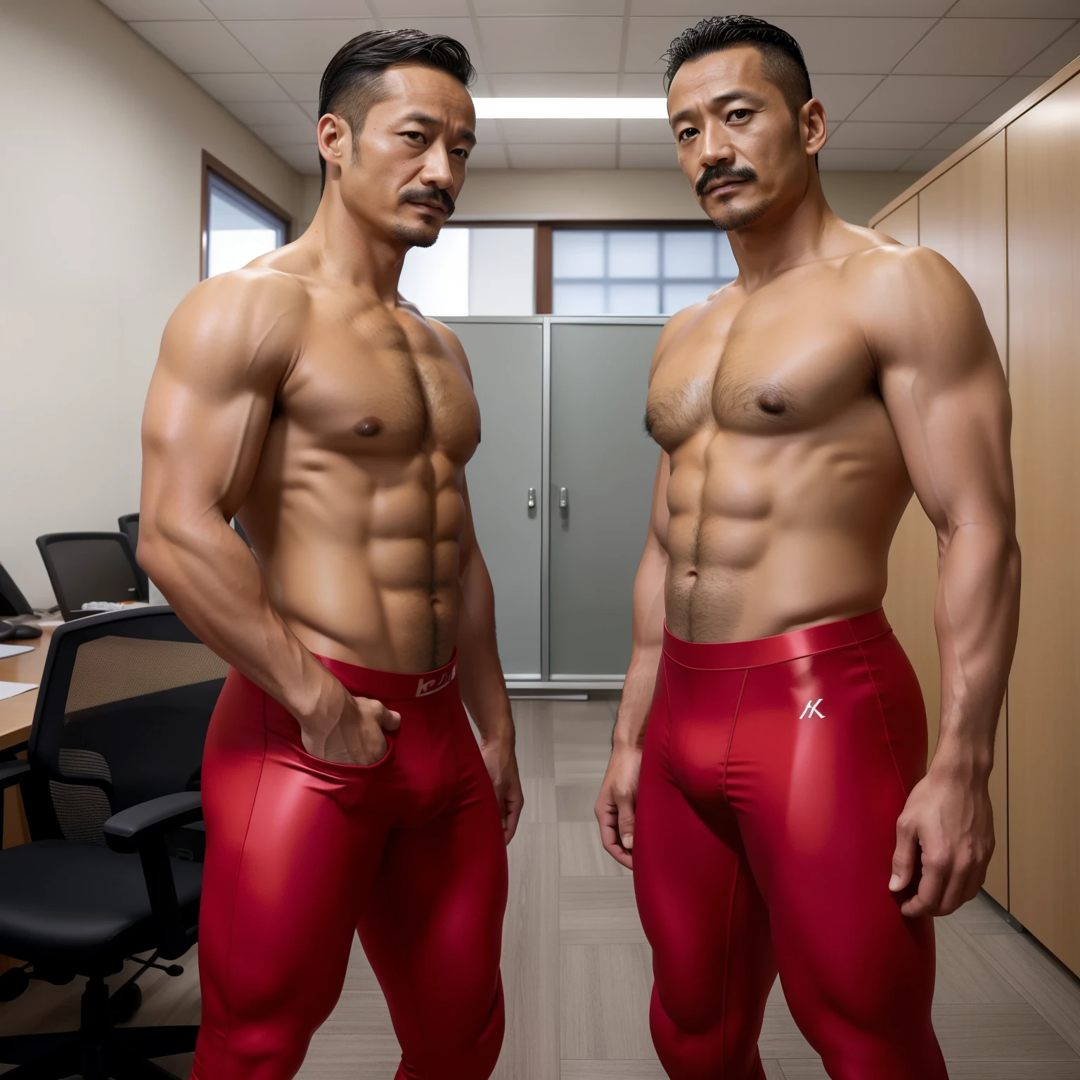 40 years old,Hidetoshi Nakata,(Kogoro Mori 1.3),Two muscular men standing in the office,whole body,Red leggings,Topless,Densely hairy,Fortitude,HD,With a mustache