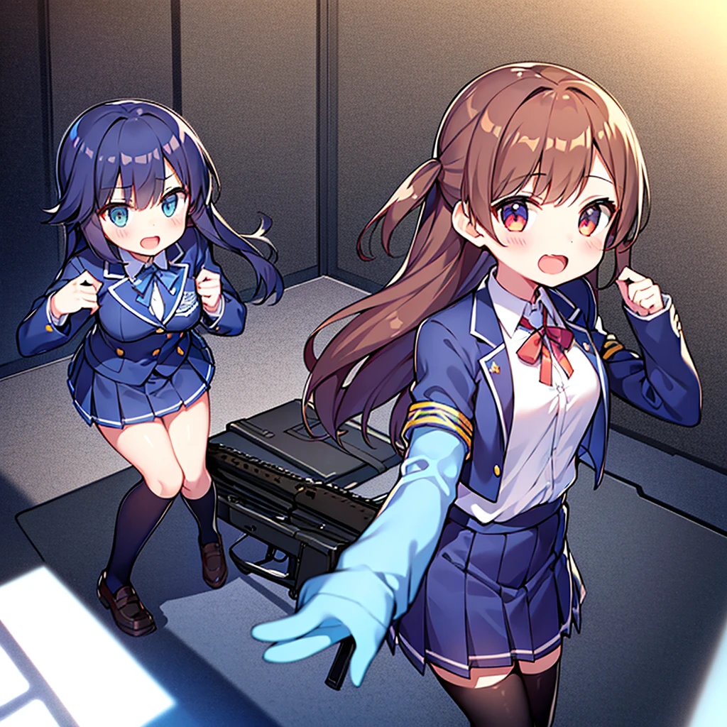 Two girls in the student council room、twins、student、uniform、Has an assault rifle、Dark Room