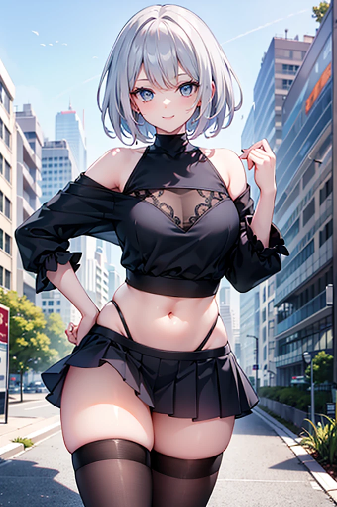 Realistic image, A consistent image, Detailed Images, 1 beautiful girl. She is short, Gray Hair. Her eyes are blue, Long eyelashes. Her face is oval and delicate., smile. She wears long sleeves, Expose your shoulders, Off-the-shoulder tops, Pleated mini skirt, Thigh-length stockings. She has a curvaceous figure, Medium chest, Thick thighs. Sexy pose. destroyed building background, surrounded by nature, Natural light, Volumetric lighting,