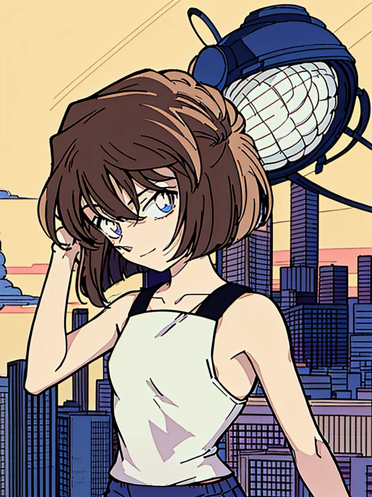 anime style, (1girl in, Solo:1.0), (Haibara Ai), ((Short pants)), (((Big eyes))), (Cute anime girl head), (flat chest),looking at viewer,With a height of 100cm, shoot from front, (head shot), soft smile、happy smile, Simple lineinimalism,Abstract Art,City background