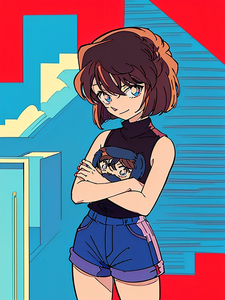 anime style, (1girl in, Solo:1.0), (Haibara Ai), ((Short pants)), (((Big eyes))), (Cute anime girl head), (flat chest),looking at viewer,With a height of 100cm,  shoot from front, (head shot), soft smile、happy smile, Simple lineinimalism，Abstract Art，City background