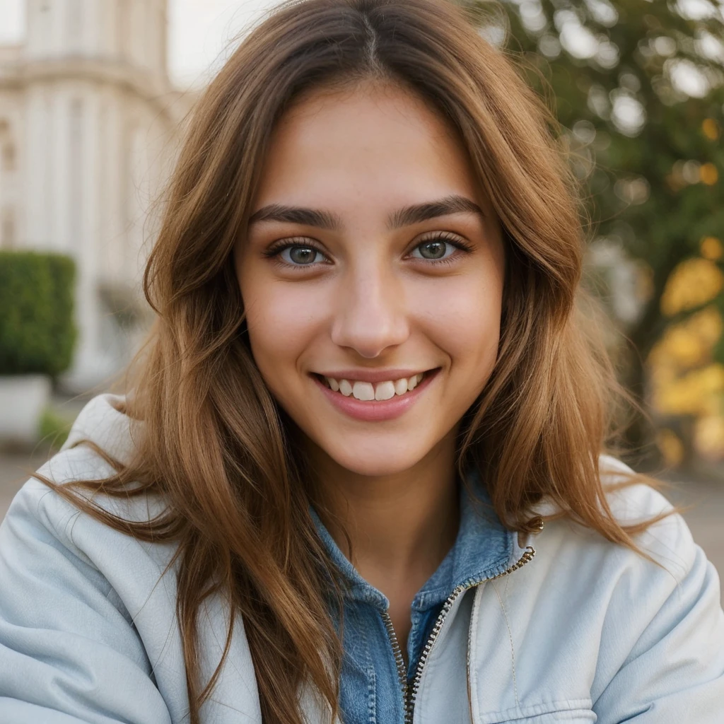 one cute women, 22YO, white, Arab, cute face, realistic brown eyes, blue jacket, blonde/brown hair, cute smile, skinny face, white realistic teethes, big eyes, long hair, no hands