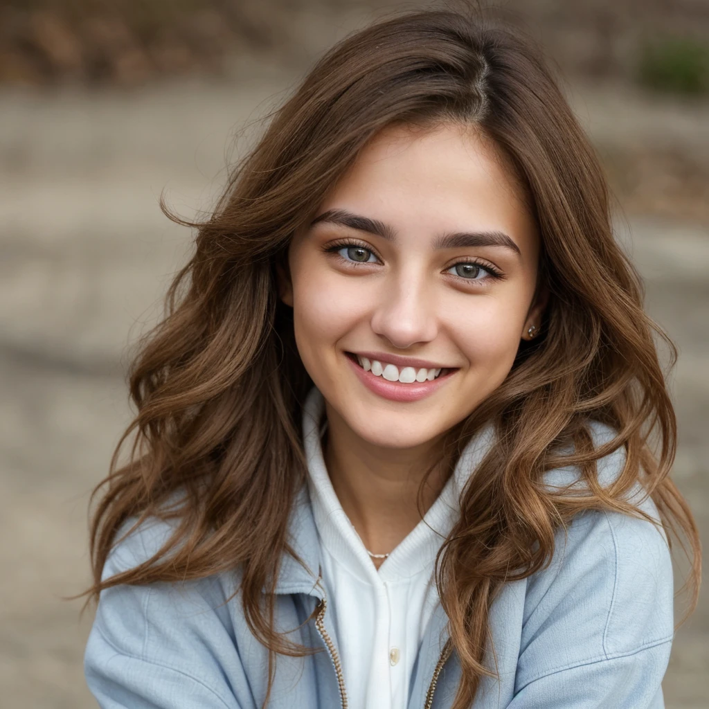 one cute women, 22YO, white, Arab, cute face, realistic brown eyes, blue jacket, blonde/brown hair, cute smile, skinny face, white realistic teethes, big eyes, long hair, no hands