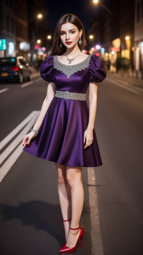 ((A beautiful "Short girl" Full body image 9:16 ratio)), Wearing an EMBELLISHED dress, Purple Puff Sleeve Tee, Depth of Field, night photography, Professional photography, High contrast, Long dark brown hair, Silver Heart Pendant Necklace, ((red lips)), She looks very elegant and charming,Still with a little sexy, charming, ((Surreal)), Natural facial expressions, Soft and natural makeup, Purple Elegant Earrings, ((Long red nails)), on a street , Looking at the camera, High heel,.
