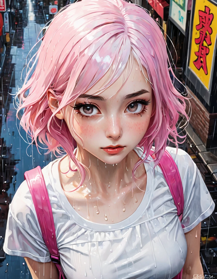 (masterpiece:1.2), best quality, high resolution, unity 8k wallpaper, illustration, extremely detailed eyes, extremely detailed face, extremely detailed CG, (1girl, solo:1.5), {{perfect anatomy}}, (panorama:0.5), ((view from top)), looking up, rain, heavy rain, white shirt, crop top, mini skirt, ((wet clothes)), ((wet hair)), shopping district, gahata meiji, White, fades to pink hair, medium length hair, Pink, long white eyelashes, (art inspired by Bill Sienkiewicz,). oil painting)
