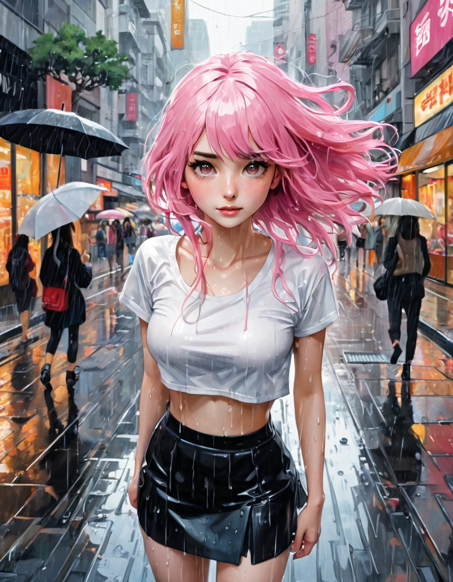 (masterpiece:1.2), best quality, high resolution, unity 8k wallpaper, illustration, extremely detailed eyes, extremely detailed face, extremely detailed CG, (1girl, solo:1.5), {{perfect anatomy}}, (panorama:0.5), ((view from top)), looking up, rain, heavy rain, white shirt, crop top, mini skirt, ((wet clothes)), ((wet hair)), shopping district, gahata meiji, White, fades to pink hair, medium length hair, Pink, long white eyelashes, (art inspired by Bill Sienkiewicz,). oil painting)
