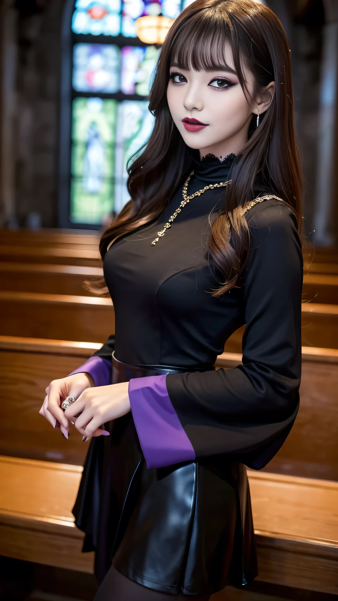 best quality、ultra-detailed、8k、Japanese、Japanese、Seductive beauty、seductive adult woman、Pretty Woman、cool girl、smirk、Wicked Smile、Villainess、brainwash makeup、Brainwashed、brainwash、Fallen into evil、Evil look、evil、Brown hair、wavy hair、swept bangs、dark makeup、piercing eyes、hollow eyes,half-closed eyes、Hollow Eyes、purple Eyeshadow、black lipstick、black lipglos、black elegant dress、wide sleeve、Black flared skirt、skin color pantyhose、stockings、night、inside church、Are standing、Look、Offer、shoot from below、Swear allegiance、I have pledged my allegiance、