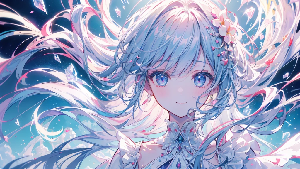 (masterpiece、8k、highest quality)、(Soft Light:1.5), whole body, Detailed face, Fine grain, landscape, Backlight, Lots of flowers, smile, spark, Magic kingdom and palace of crystal and glass, kaleidoscopic eyes