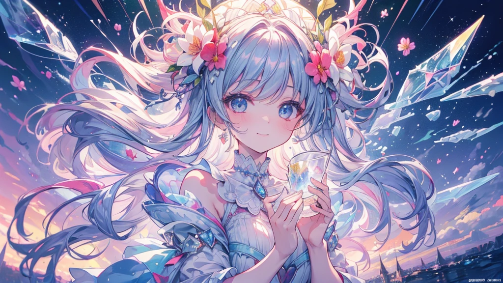 (masterpiece、8k、highest quality)、(Soft Light:1.5), whole body, Detailed face, Fine grain, landscape, Backlight, Lots of flowers, smile, spark, Magic kingdom and palace of crystal and glass, kaleidoscopic eyes