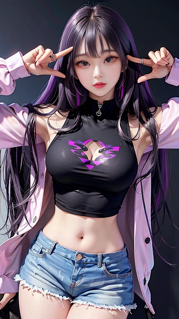 ((masterpiece)), best quality, absurd, Super detailed, holographic, Cowboy shooting, Super cute girl, Mature girl, Super beautiful Asian girl，Has very beautiful purple sparkling eyes, Beautiful glowing white colorful black hair, Beautiful sexy body, slim, Perfect body, Wearing super tight anime print shorts, Anime print super skinny shirt, Super beautiful pink jacket, Looking into a glowing mirror, See different versions of her in other universes