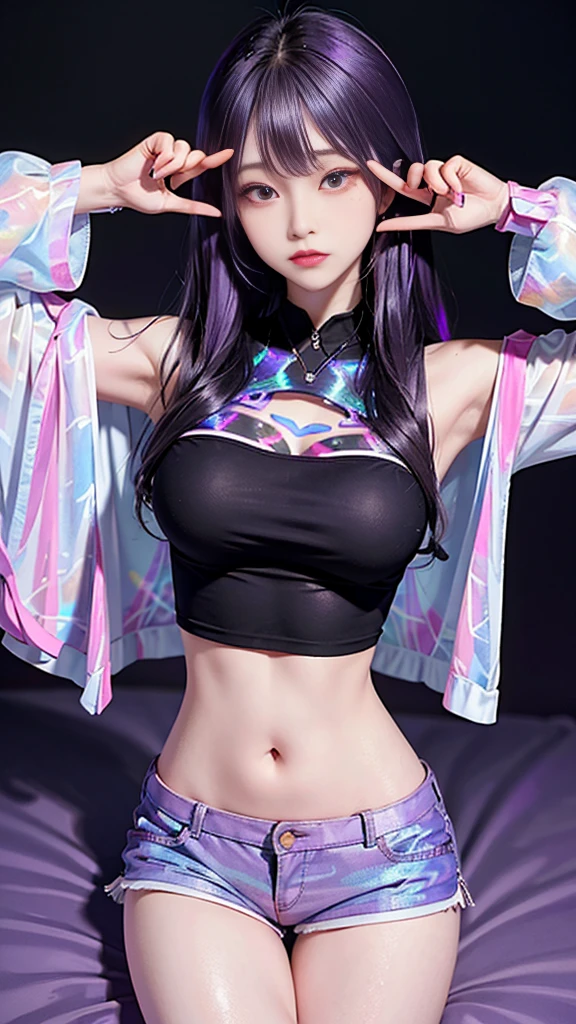 ((masterpiece)), best quality, absurd, Super detailed, holographic, Cowboy shooting, Super cute girl, Mature girl, Super beautiful Asian girl,Has very beautiful purple sparkling eyes, Beautiful glowing white colorful black hair, Beautiful sexy body, slim, Perfect body, Wearing super tight anime print shorts, Anime print super skinny shirt, Super beautiful pink jacket, Looking into a glowing mirror, See different versions of her in other universes