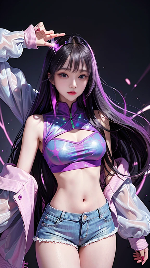 ((masterpiece)), best quality, absurd, Super detailed, holographic, Cowboy shooting, Super cute girl, Mature girl, Super beautiful Asian girl,Has very beautiful purple sparkling eyes, Beautiful glowing white colorful black hair, Beautiful sexy body, slim, Perfect body, Wearing super tight anime print shorts, Anime print super skinny shirt, Super beautiful pink jacket, Looking into a glowing mirror, See different versions of her in other universes