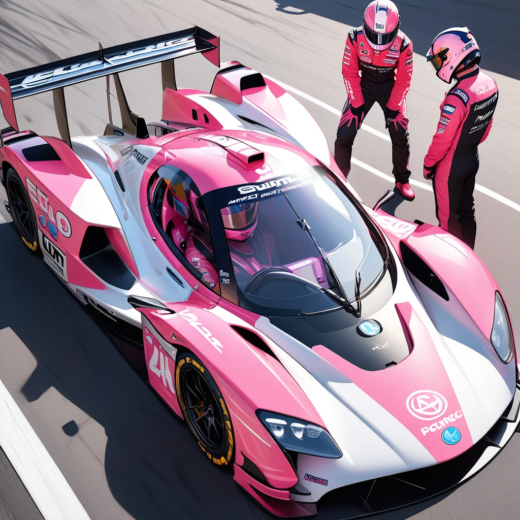 High resolution digital CG concept art,The state of pit work during the race of the future racing car,The racing car has the futuristic body shape of the Group C racer that raced in Le Mans, has a two-tone color scheme of pink and white,  has gull wing doors.Many sponsor logos,break
The driver is a girl wearing a pink full-face helmet and a pink racing suit.The helmet visor is transparent and has a hologram effect, and there are many sponsor logos on the helmet and suit.The girl opens the driver's door and listens to the pit crew.Around the racing car are crew members wearing pit crew helmets and fireproof suits.Changing tires and refueling.A shot from the side from a low position,(master piece4k, 8k,best quality1.2)ultra detail