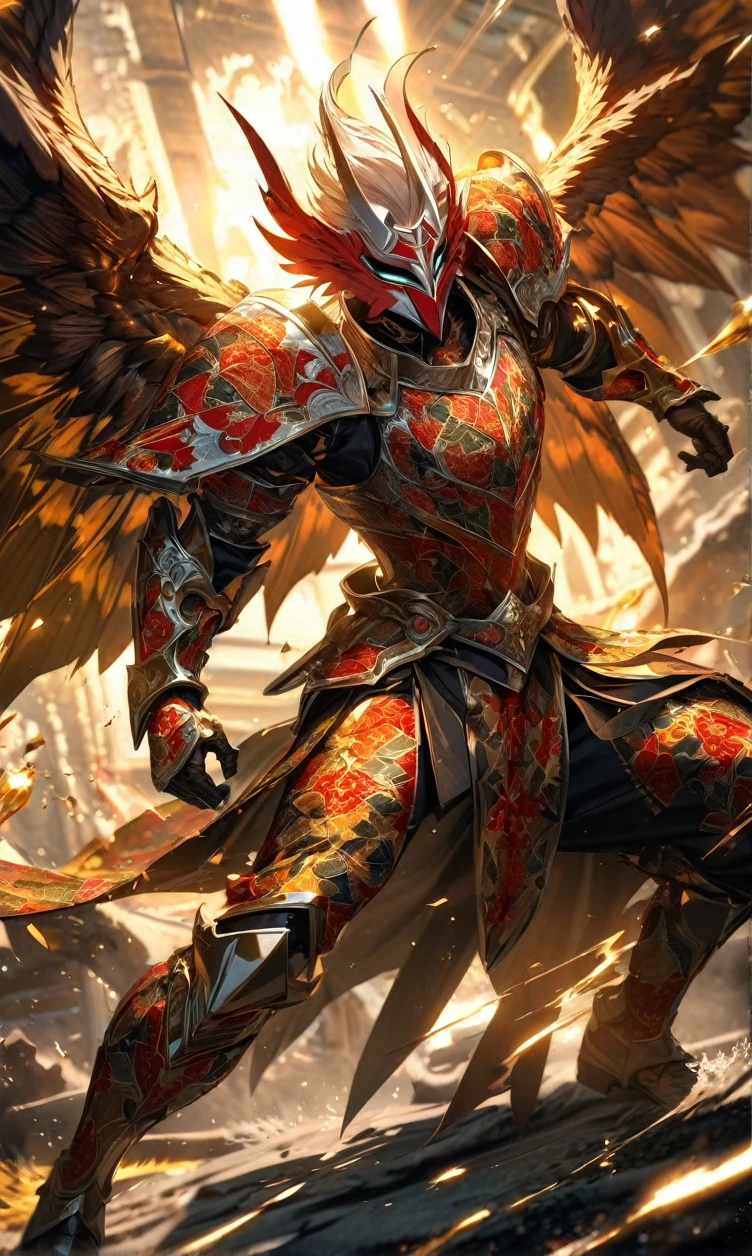absurdres, highres, ultra detailed, HDR, masterpiece, extremely detailed face and eyes,Indonesian knight,Epic wings,red and white Garuda armor knight , Garuda knight mask, , Indonesia batik pattern , solo, man, handsome, ,, , Epic fight scene, golden splashing effect, golden effect,glowing glitters