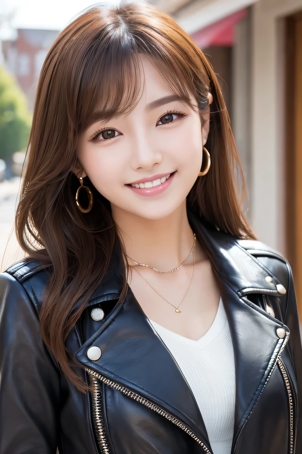 Beautiful young woman of the year、 Korean women、Light brown hair、Necklace around the neck、leather jacket、shirt、smile, Beautiful teeth alignment、Intricate details, Very detailed:1.2), 、 Looking into the camera,The background is the town、Ear piercing
、Ear piercing