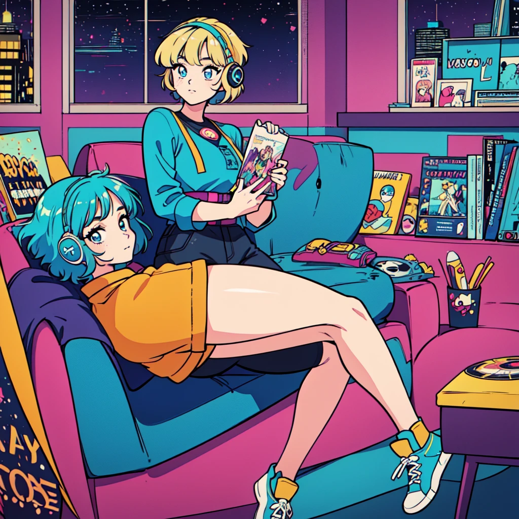 (masterpiece), highest quality, Expressive eyes, Neon pastel aesthetics, Retro 90s, Neon color,((Girl sitting on sofa,In a cozy room,Records hanging on her wall, Comic books on the floor, Looking out the window behind her at the night city, Upholstered room, Anime figures lined up on a shelf)), Wearing headphones, (All around her it sparkles), (wearing thick colorful sneakers), (blue eyes), (Soft look), (Synthwave Art Style), Colorful Hair, Desk with PC set up