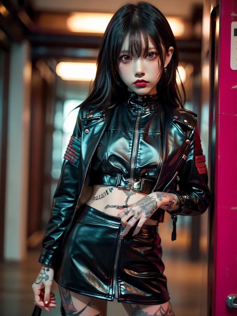 Tattoo Girl, so beautiful, Murderous, good looking, betrayal, anger, Dark Background, 8k, Dynamic Wallpapers, Very delicate, Very dark full body shot、Black rider jacket 1.5、Leather tight mini skirt 1.5