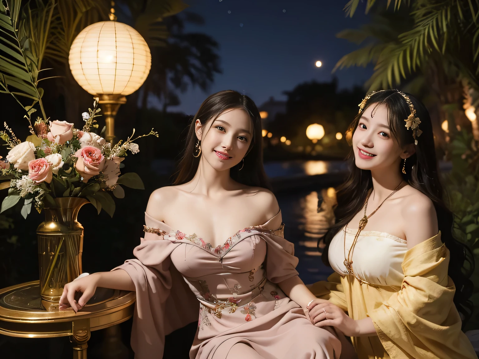 Giorgione painting style,Arguments of two female Philosophe,math、astronomical machine、astronaut、roses in vase、fruits、Cute trinkets、smile、ancient greek costume、Background is a forest lake at night 、Clothes that stretch your shoulders、A big smile、beautiful bare skin、A detailed representation of the seducing woman throughout her body.