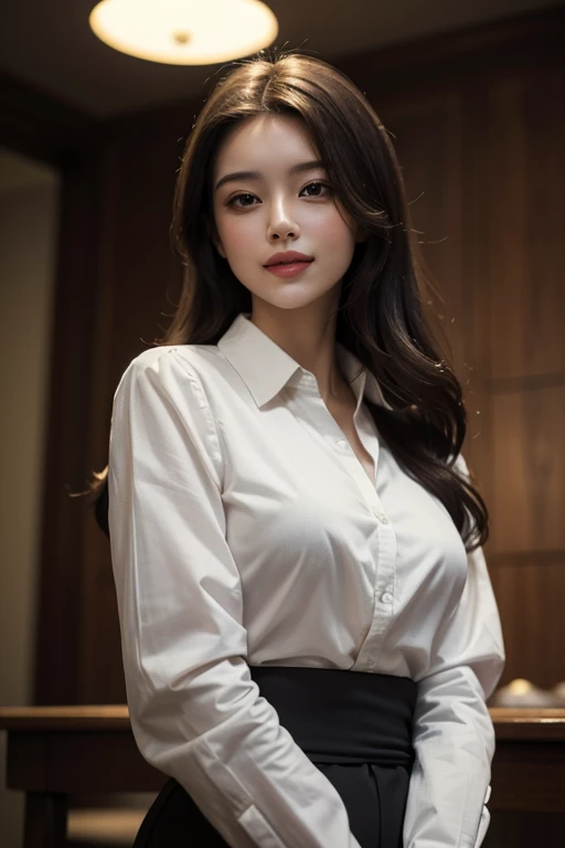 best quality, masterpiece, (photorealistic:1.4),1girl,beautifull, light smile, shirt with collars,long sleeve,jackey, waist up, dramatic lighting, from below