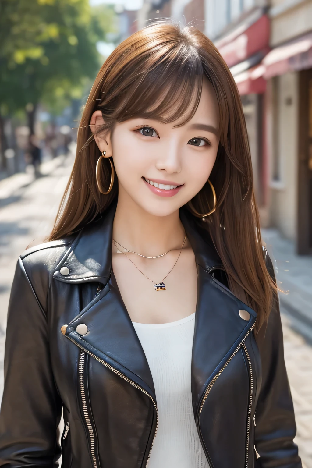 Beautiful young woman of the year、 Korean women、Light brown hair、Necklace around the neck、leather jacket、shirt、smile, Beautiful teeth alignment、Intricate details, Very detailed:1.2), 、 Looking into the camera,The background is the town、Ear piercing

、Ear piercing