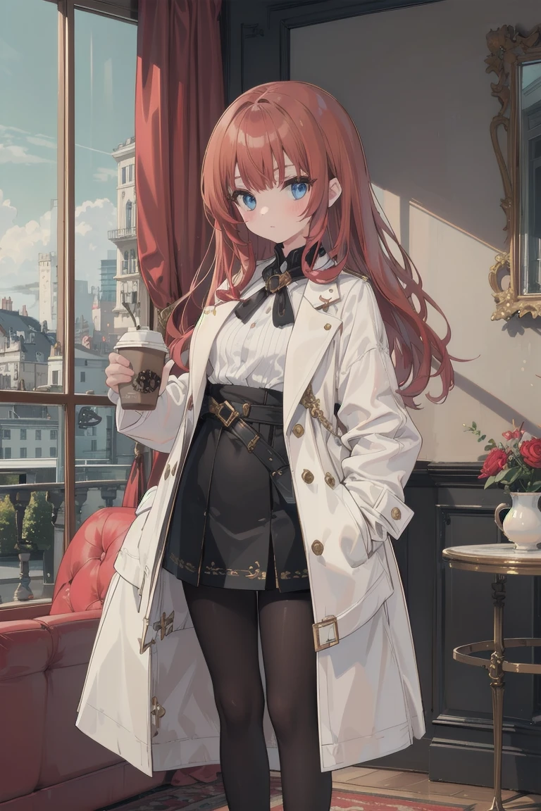 girl, White blouse, mini skirt, Black Pantyhose, white overcoat, Are standing, Coffee cup in hand, Glamorous clothing, Complex clothing,, A familiar face, Brown and gold tones, In a luxurious room, window, tall building, Day、Red Hair