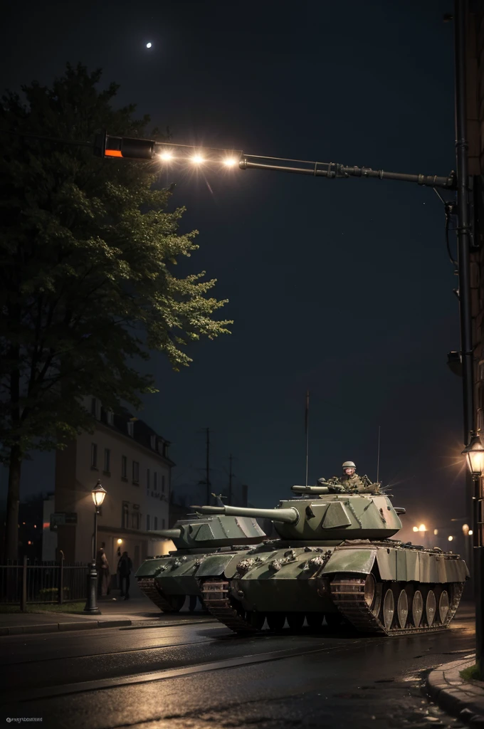 On a moonlit night, the silence is broken by the sound of German tanks advancing through the streets. "hyper realistc"